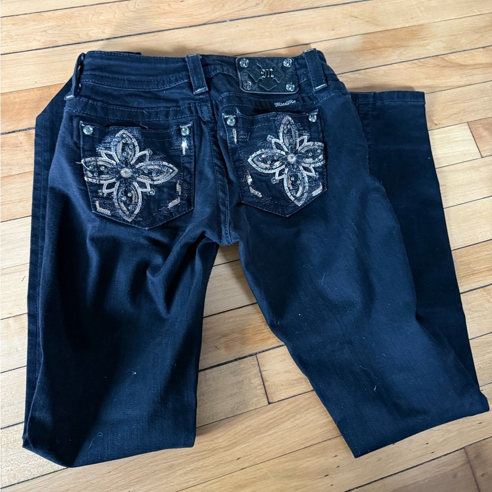 Miss Me black denim jeans‎ gold and black bling cross back pockets